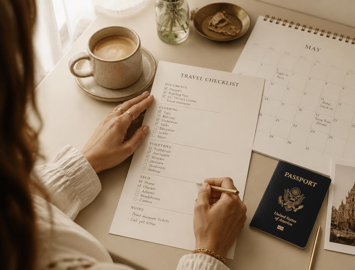 Mulher preenchendo um checklist de viagem impresso ao lado de passaporte e calendário